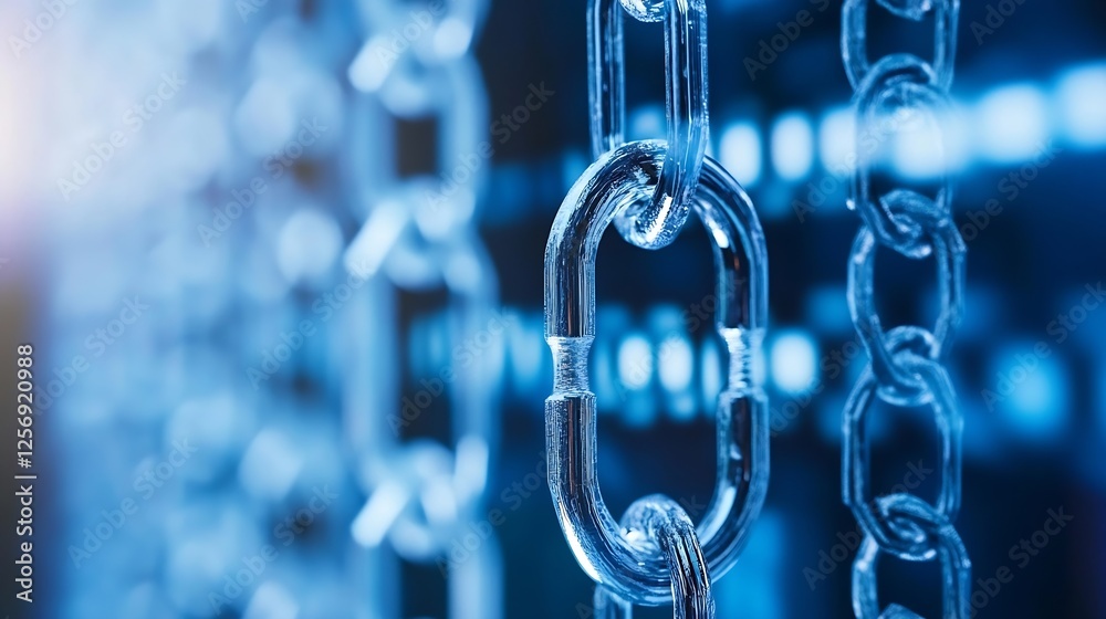 Poster closeup of shining metal chains linked together against a backdrop of digital connections : generati