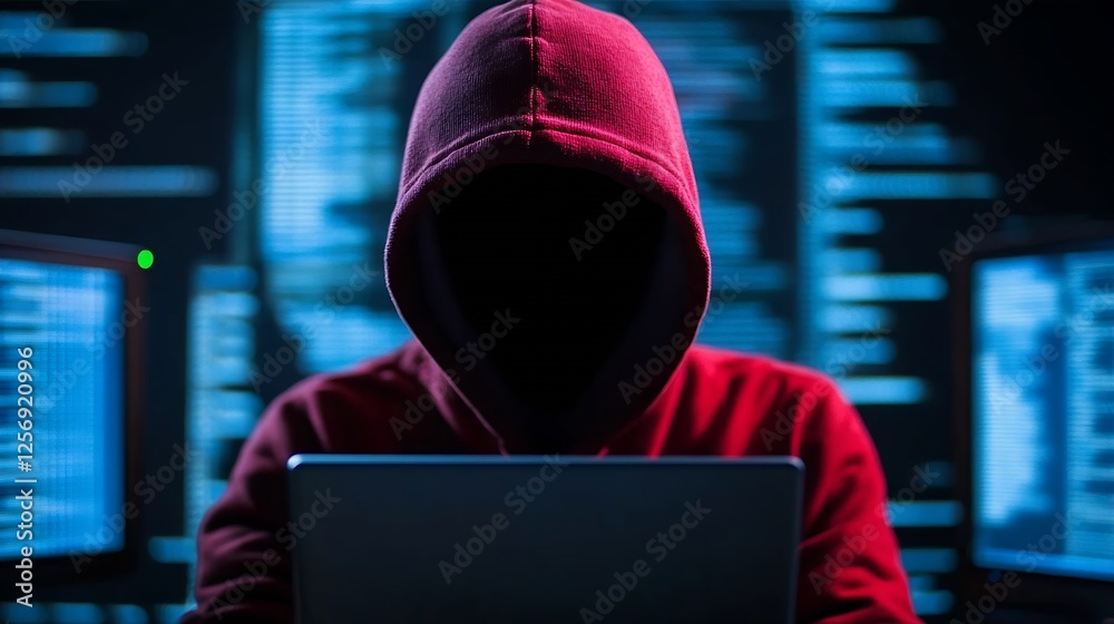 Poster Mysterious figure in a red hoodie concealing identity while working on a laptop in dark environment : Generative AI