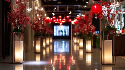 Obraz premium Beautifully decorated hallway illuminated with red lanterns and floral arrangements creating a festive atmosphere : Generative AI