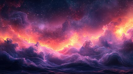 Naklejka premium Vibrant cosmic landscape featuring swirling clouds and a fiery sunset, evoking a sense of wonder