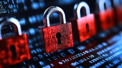 Digital locks representing cybersecurity and online safety with a backdrop of computer code and data visualization : Generative AI