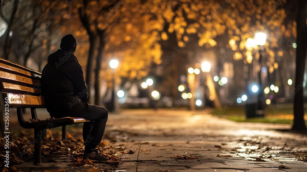Aufkleber solitary figure on a park bench during a serene autumn evening with soft glowing lights : generative