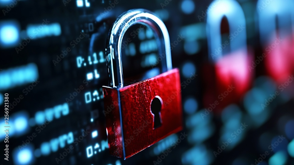 Poster Close up of red padlock on digital background symbolizing internet security and data protection : Generative AI