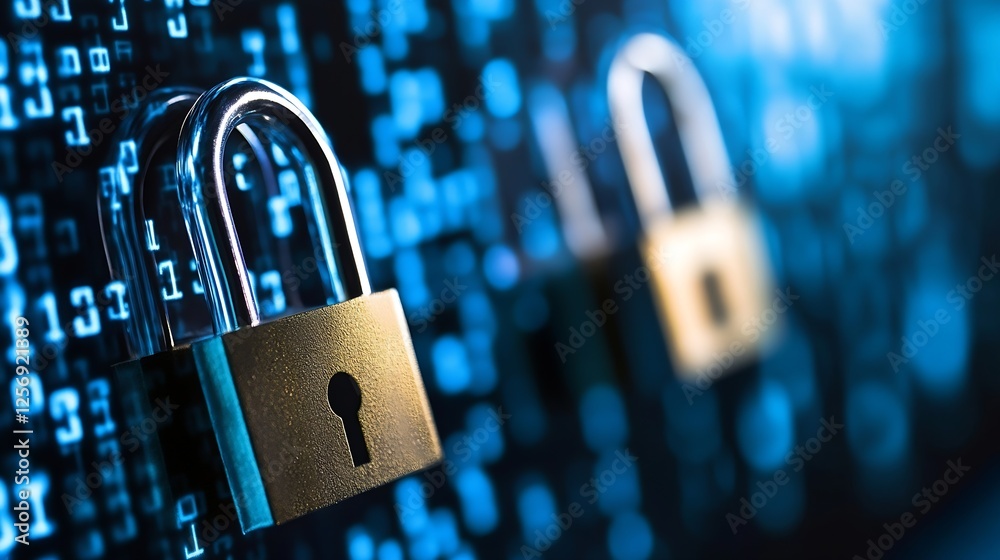 Poster Gold padlock on blue digital code background representing data security and technology : Generative AI