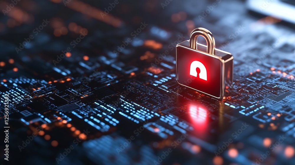 Aufkleber Image of golden unlock padlock on dark circuit board background conveying vulnerability in data security : Generative AI