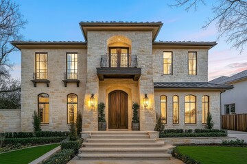 Obraz premium Elegant modern stone house with large windows and front entryway situated in a beautiful neighborhood during sunset hours