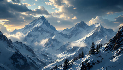 Obraz premium Majestic snow-covered mountain peaks against a dramatic sky backdrop