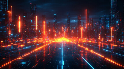 Fototapeta premium cyberpunk neon gaming background in red and blue hues, symbolizing technology, chaos, and modern digital themes with blurred dynamic lines and space for captioning