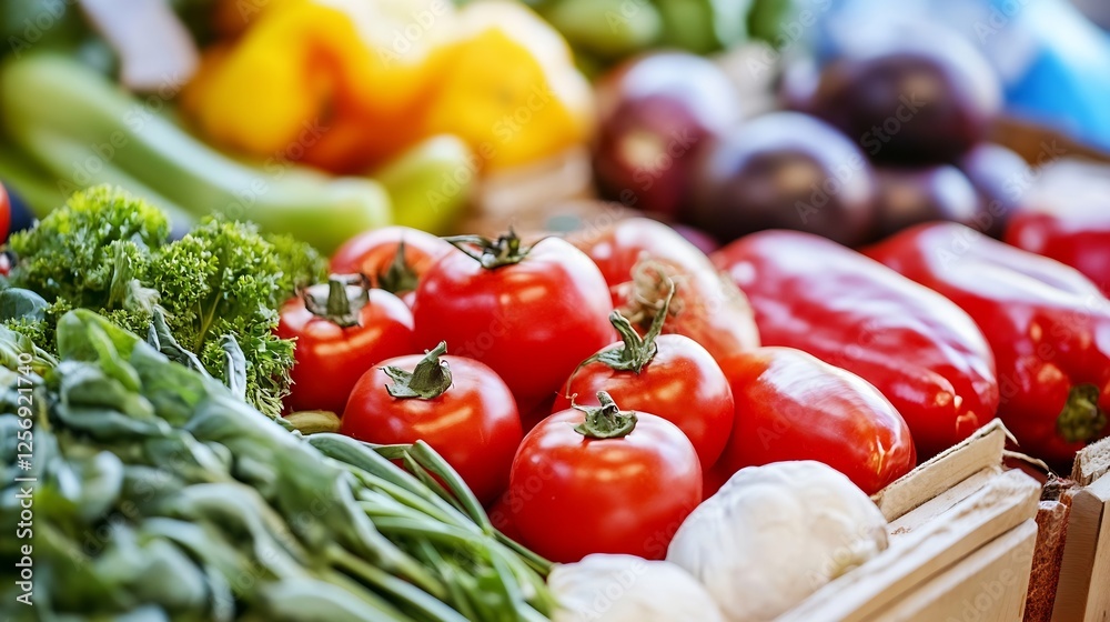 Poster A colorful and fresh display of assorted vegetables featuring ripe red tomatoes and greens : Generative AI