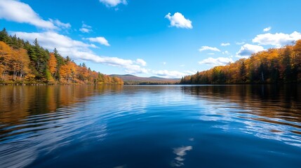 Stunning view of a tranquil lake surrounded by colorful trees during autumn season : Generative AI
