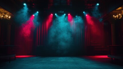 Naklejka premium A dark club scene illuminated by vibrant red and blue lasers, with smoke creating a surreal atmosphere.