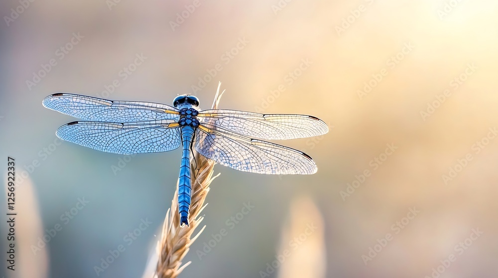 Aufkleber Close up of a dragonfly perched on a grass stalk with a blurred background in soft light : Generative AI