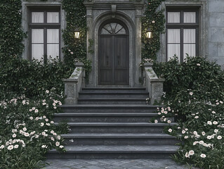 Fototapeta premium Ivy-covered mansion entrance, stone steps, twilight