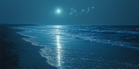 Serene Moonlight Beach Scene Ocean Waves Night Photography