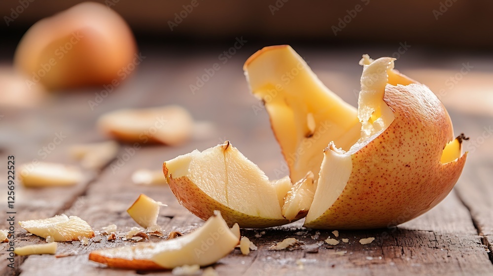 Aufkleber freshly peeled pear pieces scattered on a rustic wooden table during food preparation : generative a