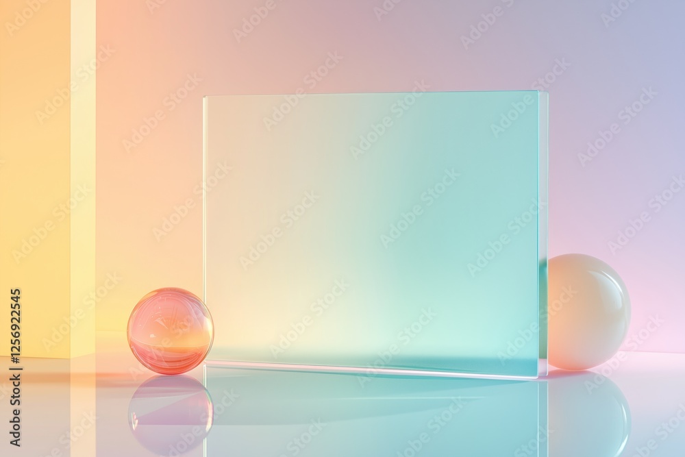 Fototapete minimalist 3d render featuring translucent glass and glossy spheres illuminated with soft, pastel li