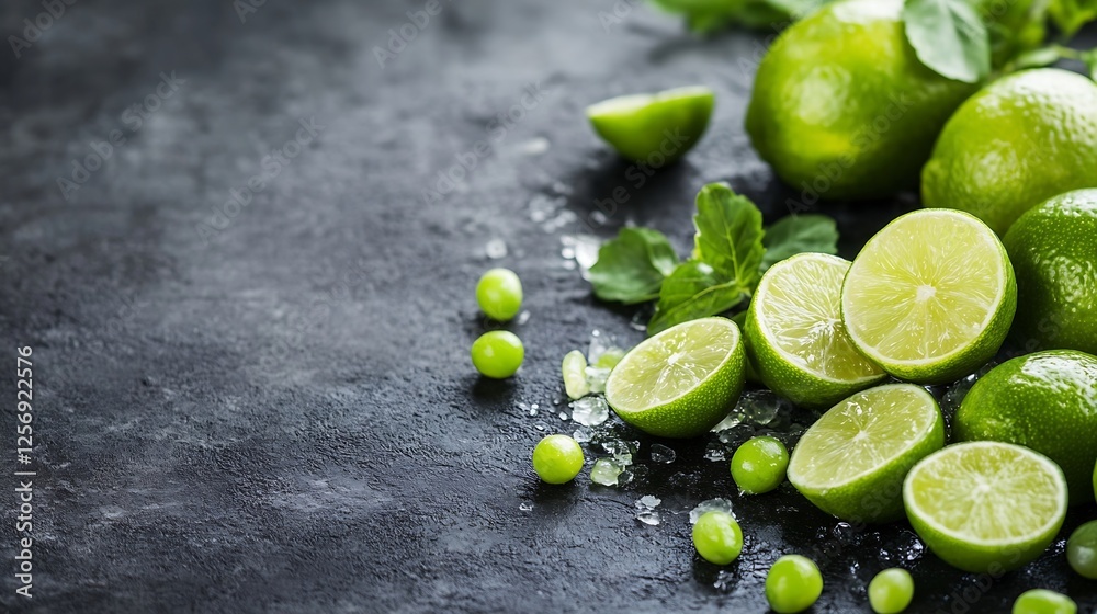 Poster bright green limes and mint leaves on a dark stone background creating a contrast in colors : genera