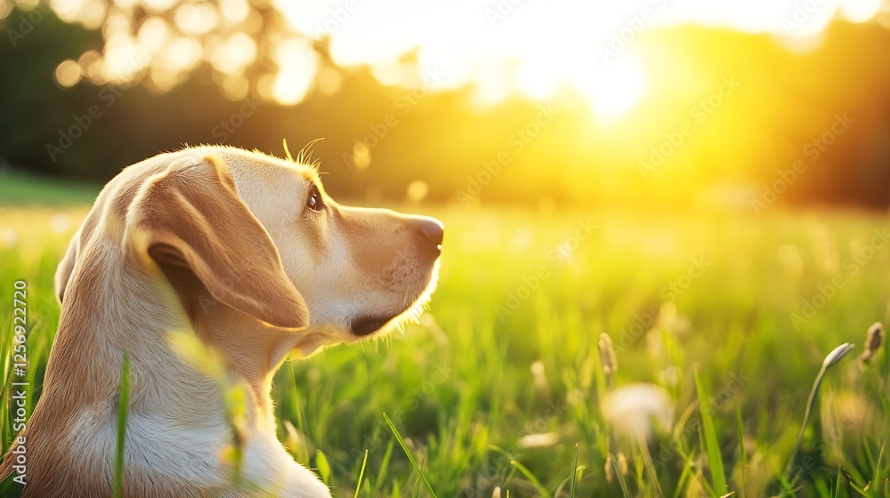 Aufkleber adorable labrador retriever sitting in a sunlit grassy field enjoying the serene environment : gener
