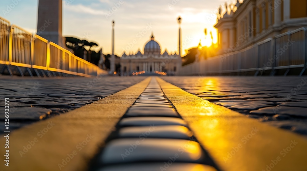 Aufkleber scenic view of historic architecture with cobblestone streets captured during golden sunset light : 