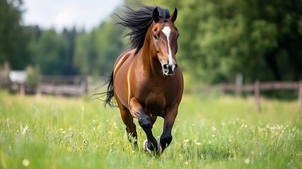 Obraz premium Beautiful brown horse galloping through a lush green field under a clear blue sky : Generative AI