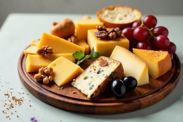 A delightful arrangement of assorted cheeses, complemented by grapes, nuts, and bread crisps, artfully presented on a rustic wooden board for an elegant culinary experience.