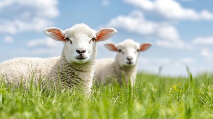 Two Playful Lambs Grazing on a Lush Green Pasture Under a Bright Blue Sky with Fluffy Clouds : Generative AI