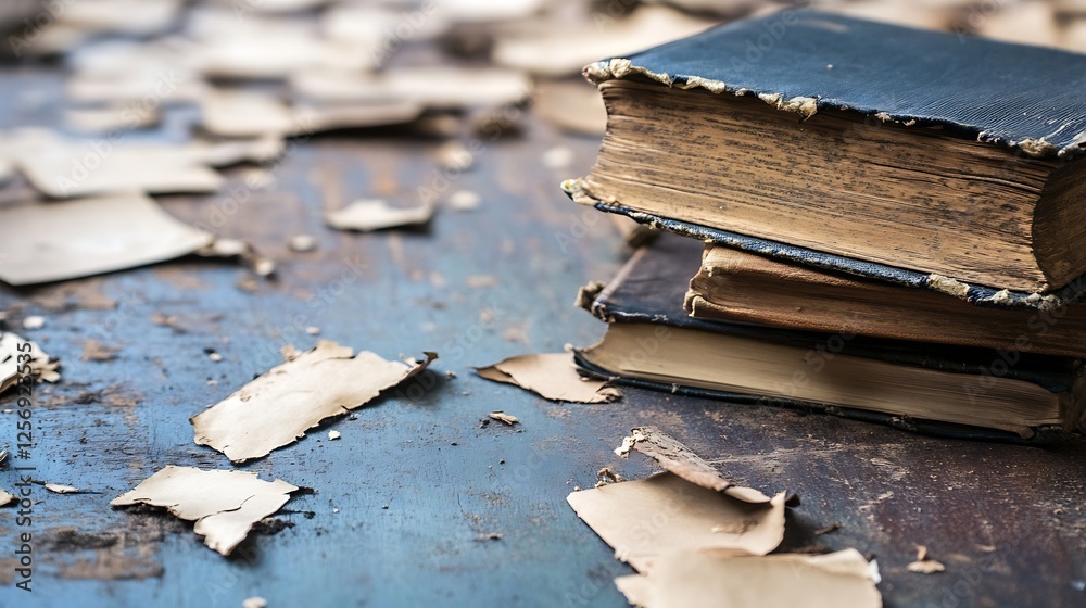 Poster Old worn books with torn pages scattered on rustic blue wooden table : Generative AI