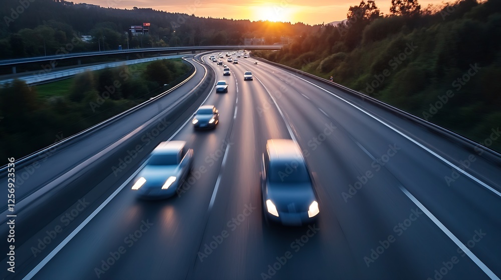 Poster Dynamic view of cars speeding along highway during sunset creating motion blur : Generative AI
