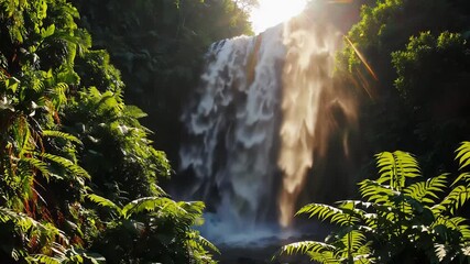 Lush jungle waterfall cascades in sunlit forest scenery creating a serene and refreshing atmosphere