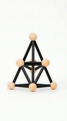 Naklejka premium Diagram structure trio Geometric Structure with Black Rods and Wooden Balls on Neutral Background