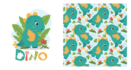 Funny baby pattern with cute tyrannosaurus, kids print, greeting card. Seamless background with prehistoric animals, cute vector texture for baby bedding, fabric, wallpaper, wrapping paper, textile, t