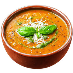A bowl of vibrant tomato bisque with a drizzle of basil pesto and parmesan shavings, smooth and rich texture, single serving, transparent background, PNG