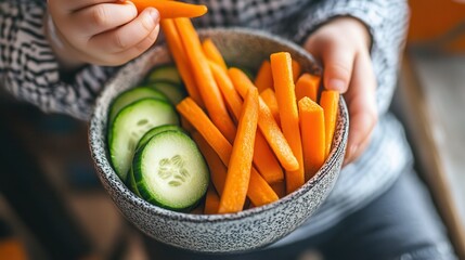 A child happily eats carrot sticks and cucumber slices in a clean, minimalist environment