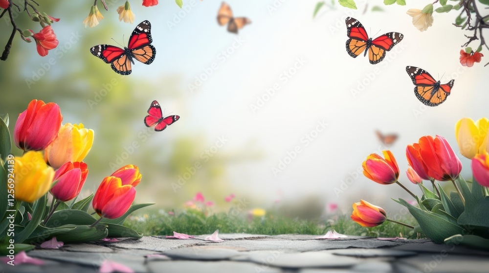 Poster a colorful bunch of flowers with butterflies fluttering around in a bright garden setting