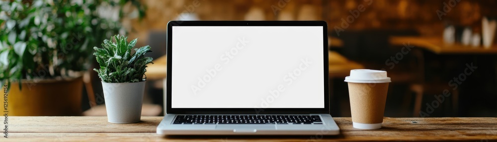 Poster Laptop mockup on wooden desk with blank screen and minimalistic workspace for design and presentation purposes