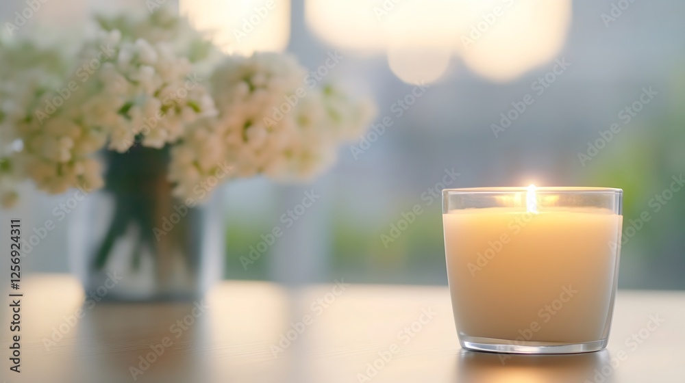 Poster Calming and Aromatic Candle with Soft Light and Flower Bouquet in the Background : Generative AI