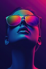 A stylish woman with reflective sunglasses under neon lights captures a modern, vibrant aesthetic.