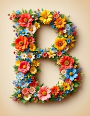 letter, B, floral, flowers, vibrant, colorful, artistic, elegant, design, organic, natural, red, yellow, pink, blue, white, blooms, green, leaves, accents, beige, background, soft, texture, warm, 
