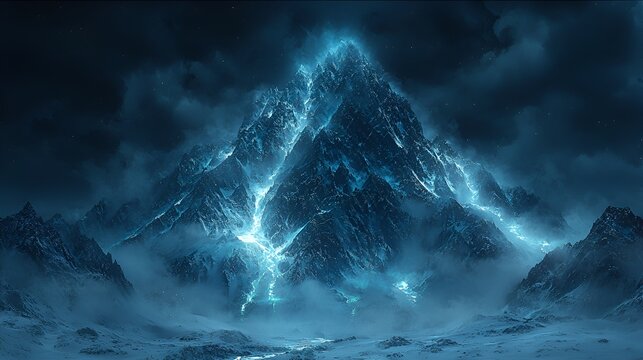 Glowing mountain peak, night storm, snowy landscape, fantasy art, game background