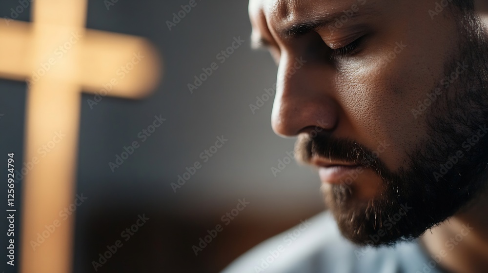 Aufkleber Introspective man in profile praying with a cross illuminated softly in the background : Generative AI
