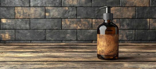 Amber bottle, pump dispenser, rustic wood, brick background, product display