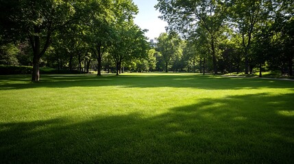 Lush Green Park Under Bright Sunshine with Tall Trees and Vibrant Grass : Generative AI