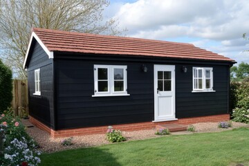 Obraz premium Charming black wooden cabin surrounded by greenery on a sunny day in an outdoor setting with blue skies and fluffy clouds