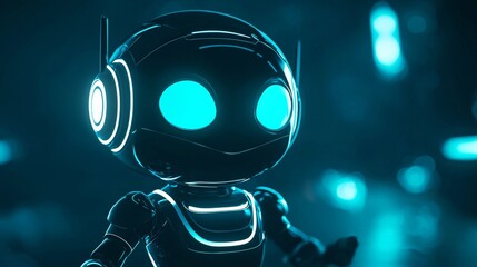 Cute Futuristic Robot with Glowing Eyes in Neon Environment