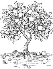orange tree heavy with juicy oranges its branches arching gracefully under the weight The ground is littered with fallen petals and a few halfeaten oranges ind