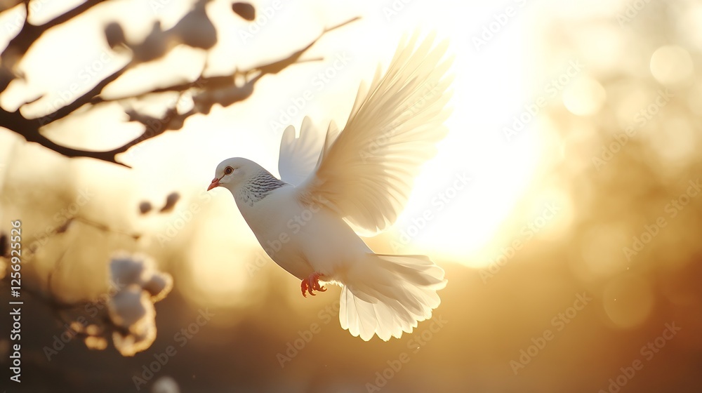 Aufkleber serene white dove in flight against a beautiful sunset background : generative ai