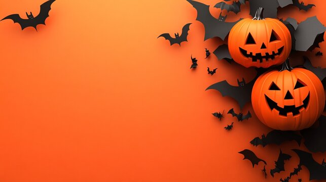 Two halloween pumpkins with paper bats flying on orange background