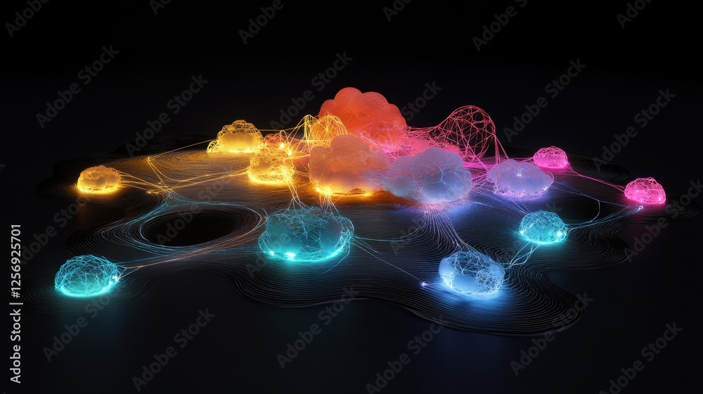 Poster a dynamic 3d digital web with colorful network hubs, illuminated links forming a futuristic represen