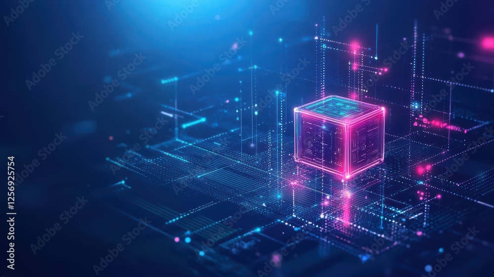 Poster computer processor with glowing blue and pink background showcasing technology and innovation