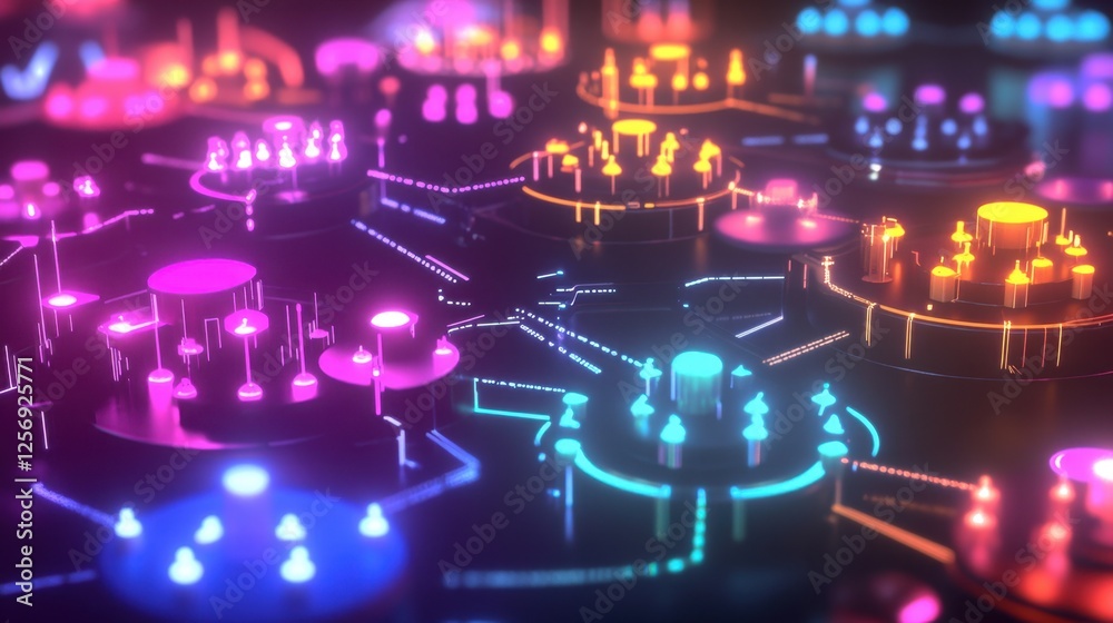 Poster a dynamic 3d digital web with colorful network hubs, illuminated links forming a futuristic represen